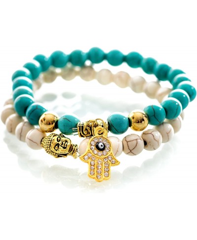 Antique White & Turquoise with Gold Charm Hamsa Buddha Bracelets $37.67 Strand