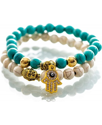 Antique White & Turquoise with Gold Charm Hamsa Buddha Bracelets $37.67 Strand