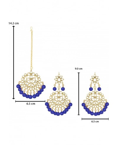 Beautiful Indian Traditional Wedding Faux Kundan Beaded Maang Tikka with Earrings Set for Women Ethnic Fashion Jewelry (Blue)...