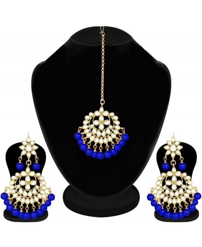 Beautiful Indian Traditional Wedding Faux Kundan Beaded Maang Tikka with Earrings Set for Women Ethnic Fashion Jewelry (Blue)...