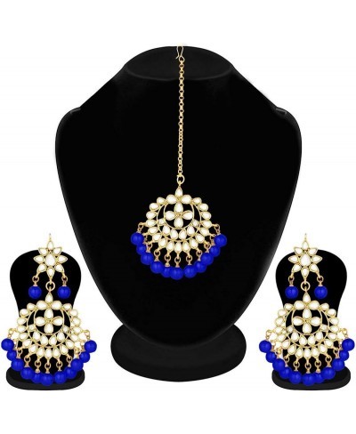 Beautiful Indian Traditional Wedding Faux Kundan Beaded Maang Tikka with Earrings Set for Women Ethnic Fashion Jewelry (Blue)...