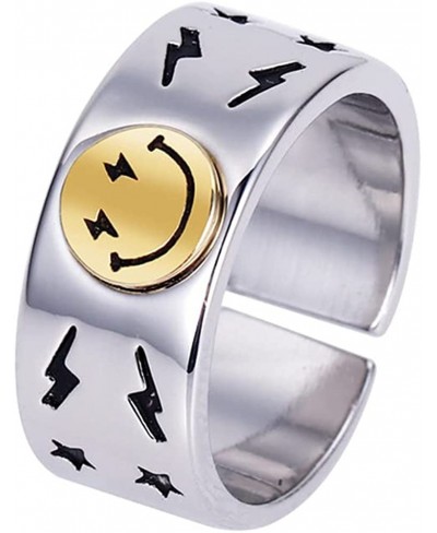 Wide Chunky Smiley Face Ring for Women Girls Men Open Vintage Smiling Happy Face Cute Star Finger Band Statement Stacking Rin...