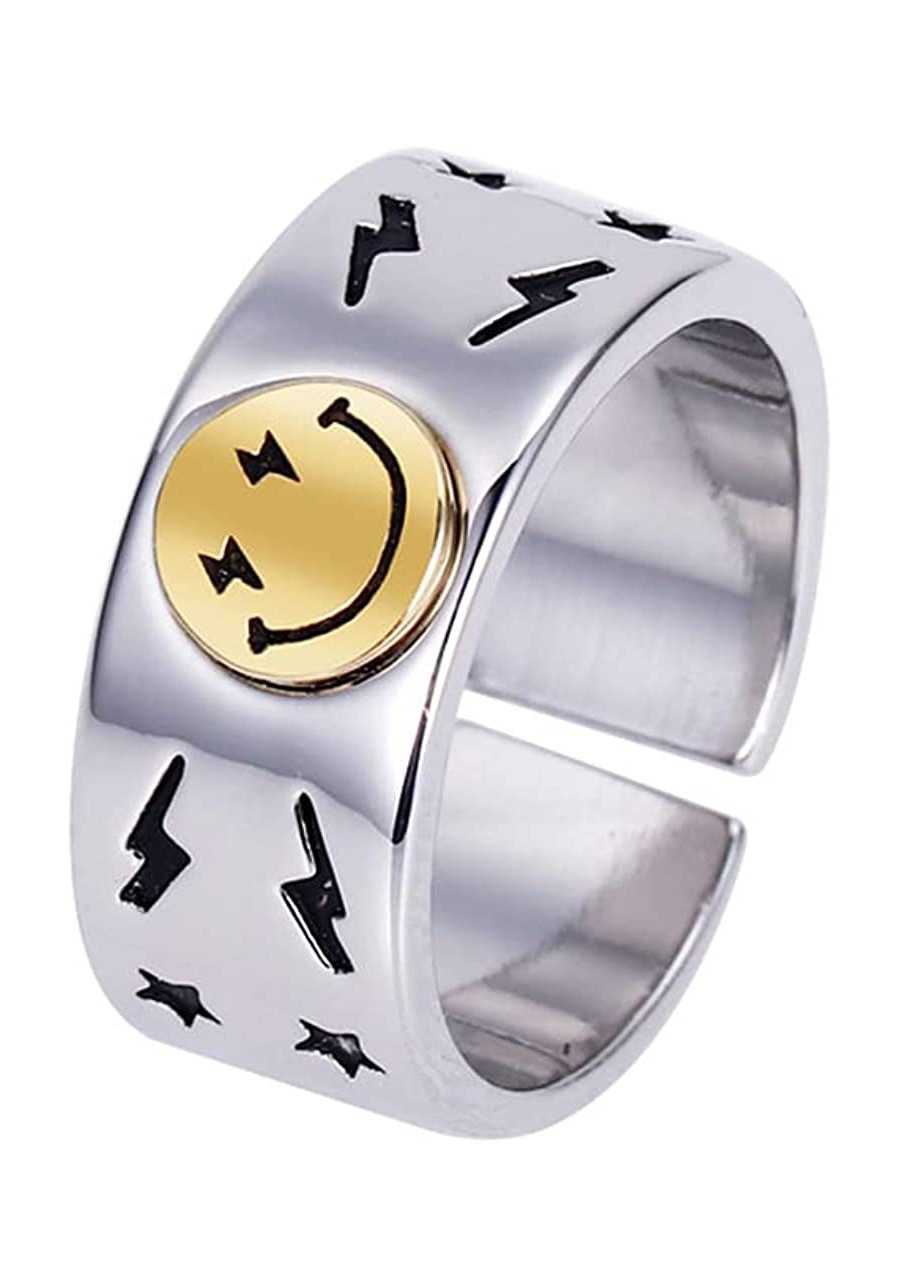 Wide Chunky Smiley Face Ring for Women Girls Men Open Vintage Smiling Happy Face Cute Star Finger Band Statement Stacking Rin...