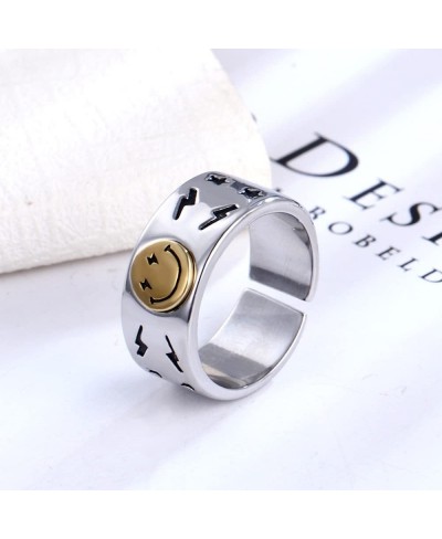 Wide Chunky Smiley Face Ring for Women Girls Men Open Vintage Smiling Happy Face Cute Star Finger Band Statement Stacking Rin...