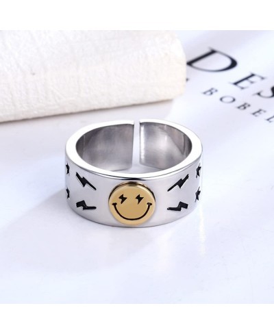 Wide Chunky Smiley Face Ring for Women Girls Men Open Vintage Smiling Happy Face Cute Star Finger Band Statement Stacking Rin...