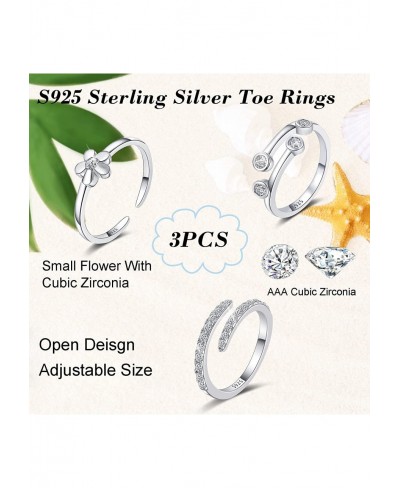 3PCS 925 Sterling Silver Toe Rings for Women Adjustable Open Toe Rings Set CZ Flower Heart Butterlfly Knot Band Tail Ring Bea...