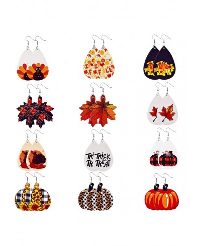 12 Pairs Fall Faux Leather Drop Dangle Earrings Set Lightweight Pumpkin Maple Leaf Turkey Plaid Teardrop for Women Girls Autu...