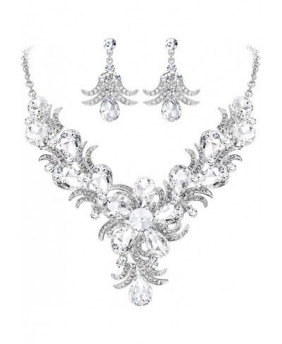 Women's Crystal Elegant Bridal Teardrop Flower Leaf Necklace Earrings Set Clear Silver-Tone $17.06 Jewelry Sets