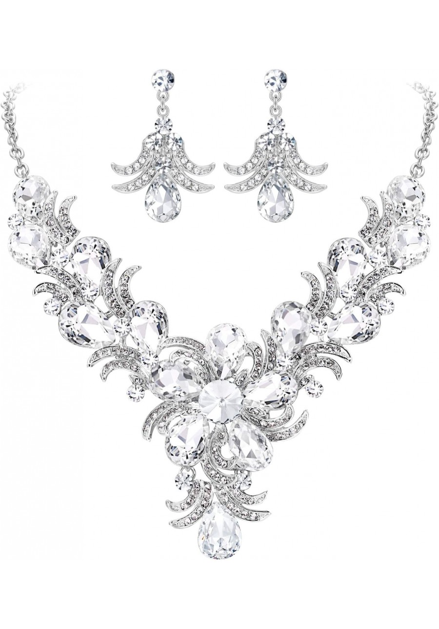 Women's Crystal Elegant Bridal Teardrop Flower Leaf Necklace Earrings Set Clear Silver-Tone $17.06 Jewelry Sets