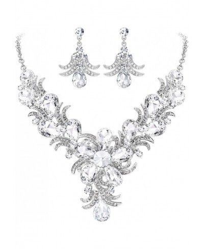 Women's Crystal Elegant Bridal Teardrop Flower Leaf Necklace Earrings Set Clear Silver-Tone $17.06 Jewelry Sets