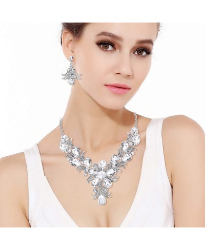 Women's Crystal Elegant Bridal Teardrop Flower Leaf Necklace Earrings Set Clear Silver-Tone $17.06 Jewelry Sets