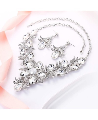 Women's Crystal Elegant Bridal Teardrop Flower Leaf Necklace Earrings Set Clear Silver-Tone $17.06 Jewelry Sets