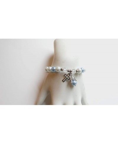 Guardian Angel Bracelet Capped White Pink or Blue Glass Pearls Beads Silver Plated Angel and Cross Charm Rhinestone Spacers a...