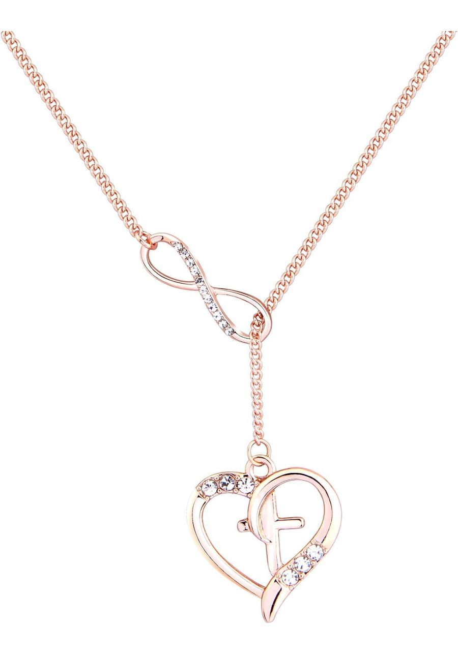 Rose Gold Cross in Heart Infinity Lariat Necklace Rhinestone Necklace with Long Chain $19.91 Pendant Necklaces