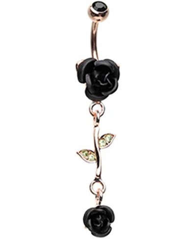 CZ Crystal Leaves and Vine Rose Flower Dangle Belly Button Navel Ring $13.07 Piercing Jewelry