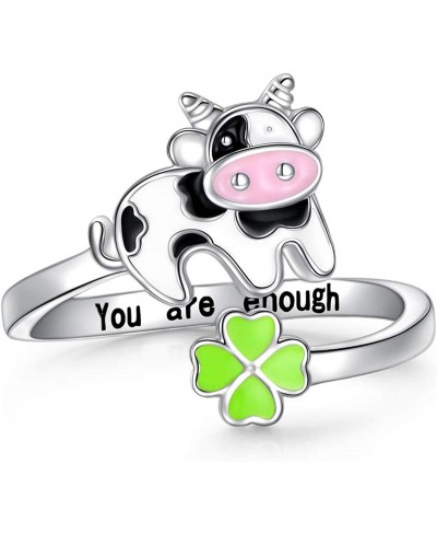 S925 Sterling Silver Cute Color Cow and Grass Animal Open Ring for Women Sister Daughter $19.92 Statement