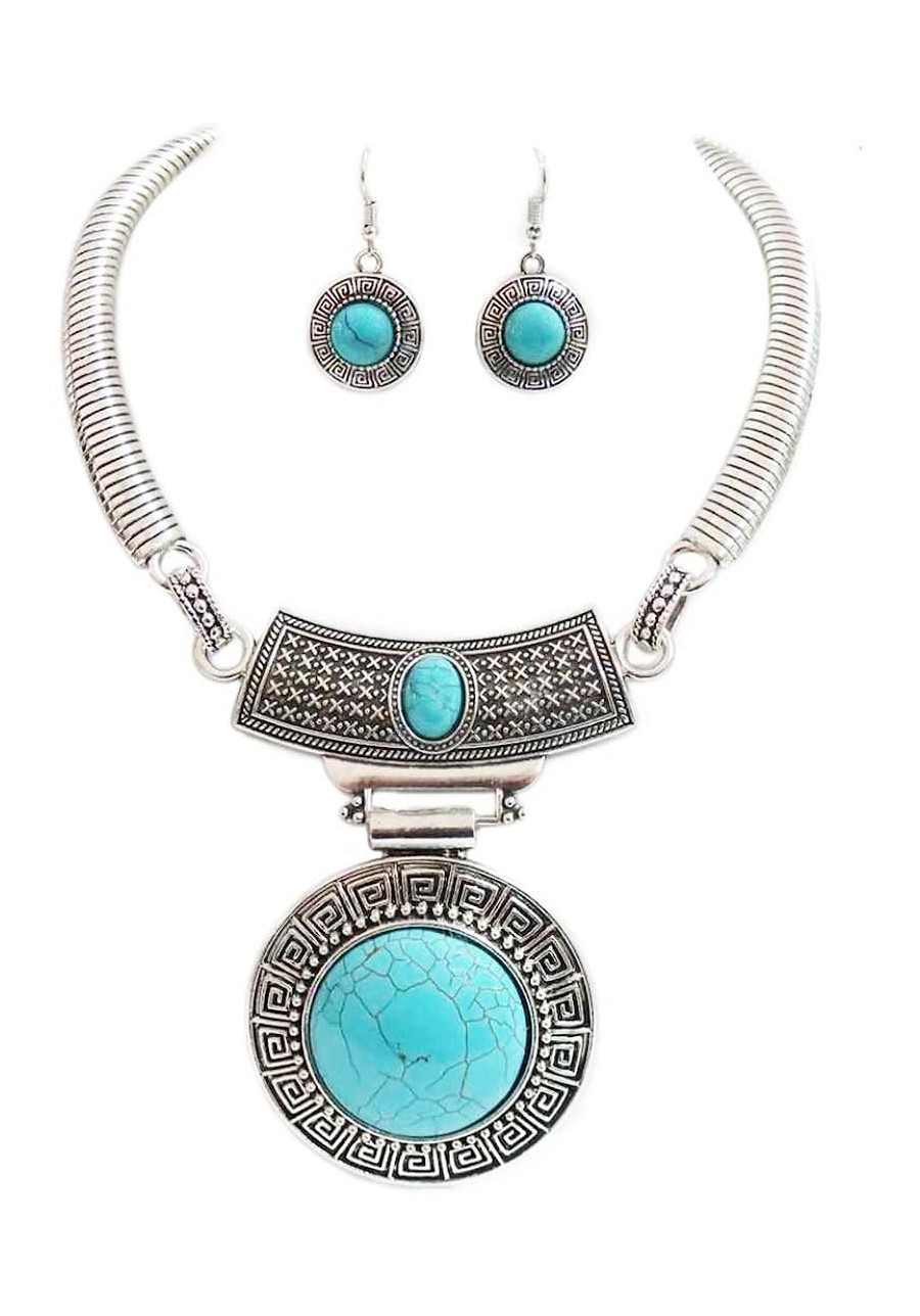 Women's Cowgirl Chic Western Style Large Statement Concho Medallion With Natural Turquoise Howlite Collar Necklace Earrings S...