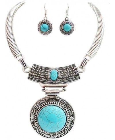 Women's Cowgirl Chic Western Style Large Statement Concho Medallion With Natural Turquoise Howlite Collar Necklace Earrings S...