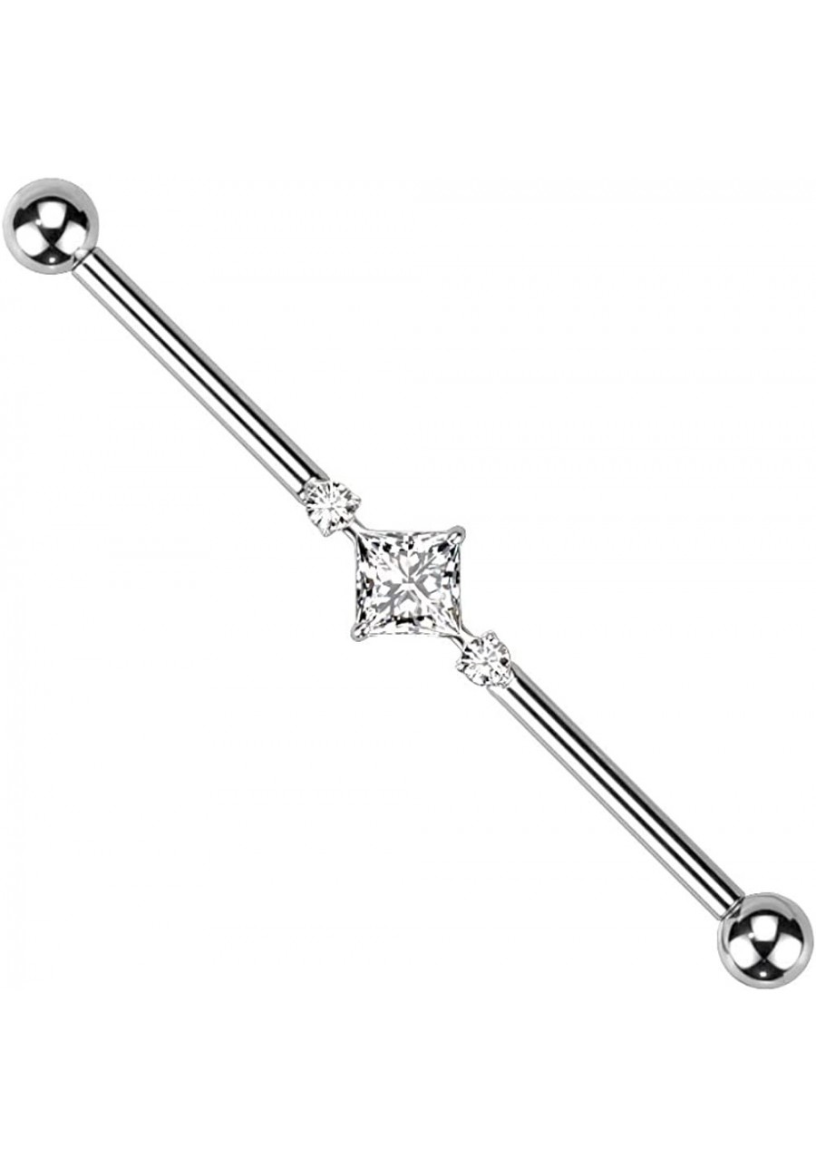 14GA G23 Implant Grade Titanium 2 Round CZ Crystals and Square Crystal Center Internally Threaded Industrial Barbell $21.41 P...