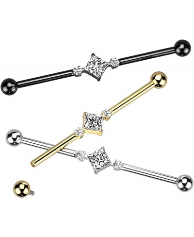 14GA G23 Implant Grade Titanium 2 Round CZ Crystals and Square Crystal Center Internally Threaded Industrial Barbell $21.41 P...