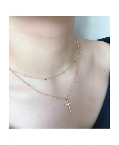 Double Layered Beaded Cross Necklace-Gold Dainty Choker Cross Layering Long Necklace for Women $10.27 Chokers