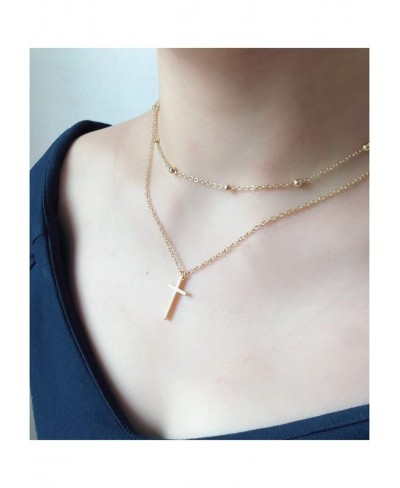 Double Layered Beaded Cross Necklace-Gold Dainty Choker Cross Layering Long Necklace for Women $10.27 Chokers