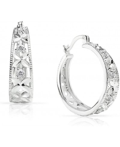 Sterling Silver Huggie Hoop Earrings with Round Crystal Clear CZ's and Diamond Cut Flower Designs $27.75 Hoop