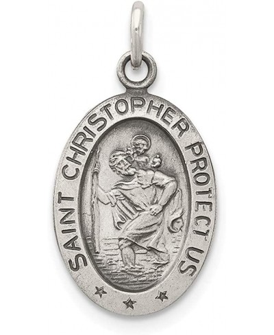 Solid 925 Sterling Silver Vintage Antiqued Catholic Patron Saint Christopher Pendant Charm Oval Medal - 21mm x 11mm - Jewelry...