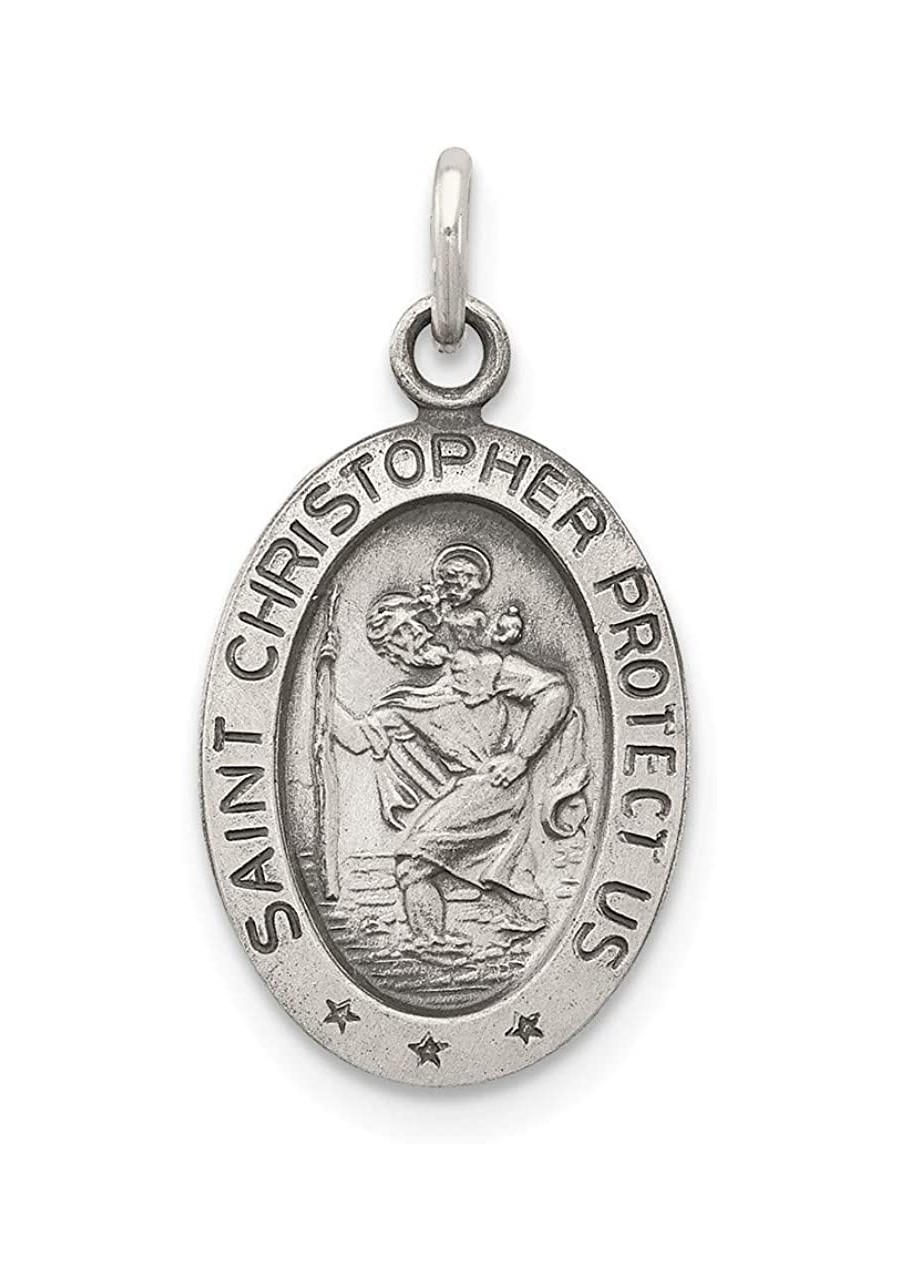 Solid 925 Sterling Silver Vintage Antiqued Catholic Patron Saint Christopher Pendant Charm Oval Medal - 21mm x 11mm - Jewelry...