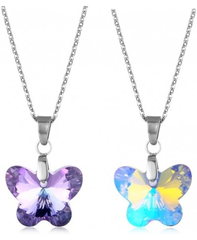 2pcs Colorful Crystal Butterfly Star Shell Heart Shape Pendant Necklace Stainless Purple & Yellow Shining Rhinestone Jewelry ...