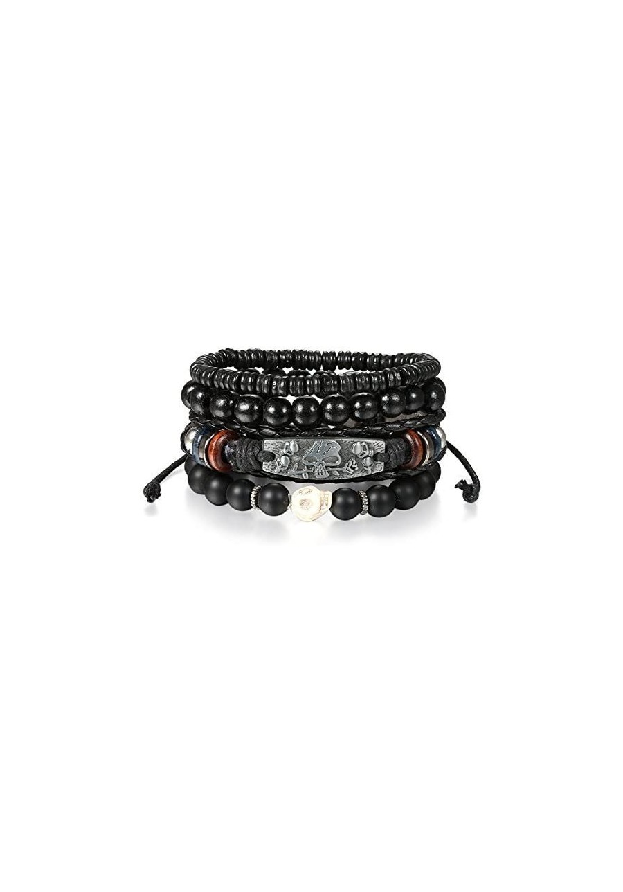 Stackable Multi Leather Layer Wood Beads Evil Eye Skull Rose Charm Tribal Link Cuff Bracelet for Men Women $14.23 Wrap