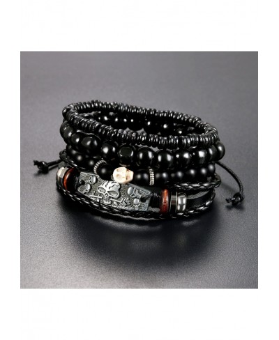 Stackable Multi Leather Layer Wood Beads Evil Eye Skull Rose Charm Tribal Link Cuff Bracelet for Men Women $14.23 Wrap