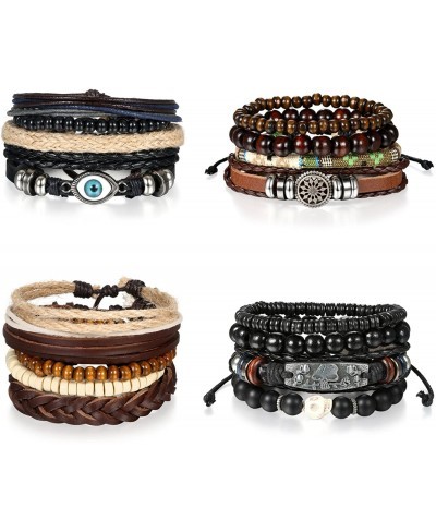 Stackable Multi Leather Layer Wood Beads Evil Eye Skull Rose Charm Tribal Link Cuff Bracelet for Men Women $14.23 Wrap