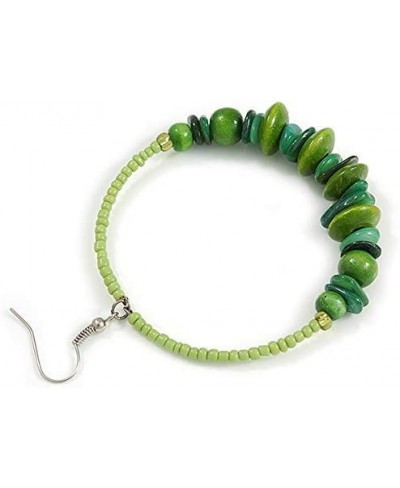 Large Green Glass Shell Wood Bead Hoop Earrings In Silver Tone - 75mm Long $15.06 Hoop