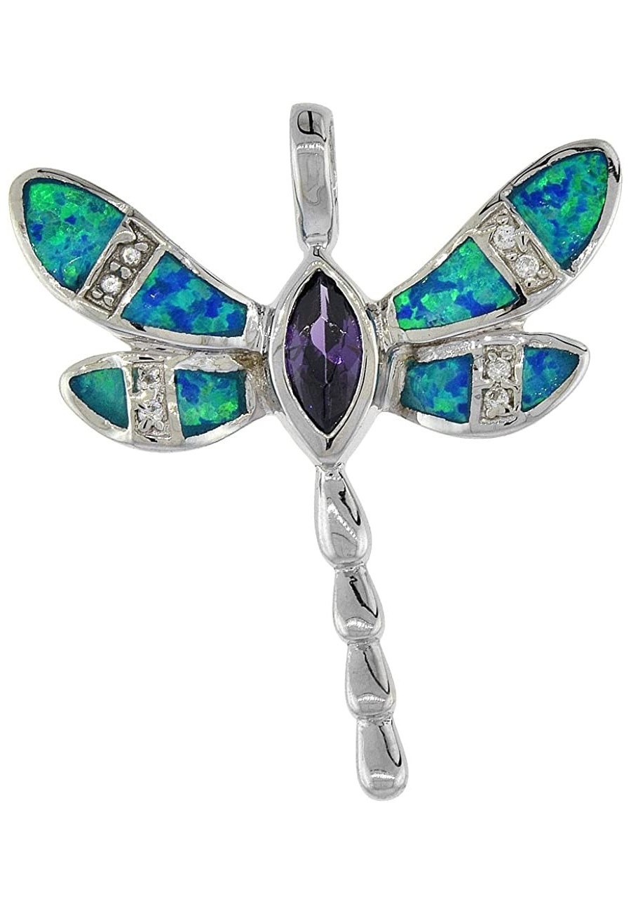 Sterling Silver Synthetic Opal Dragonfly Necklace Amethyst CZ 5x9 mm Marquise Cut 1 5/16 inch Rope Chain $42.52 Pendants & Coins