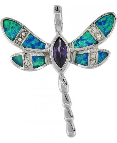 Sterling Silver Synthetic Opal Dragonfly Necklace Amethyst CZ 5x9 mm Marquise Cut 1 5/16 inch Rope Chain $42.52 Pendants & Coins