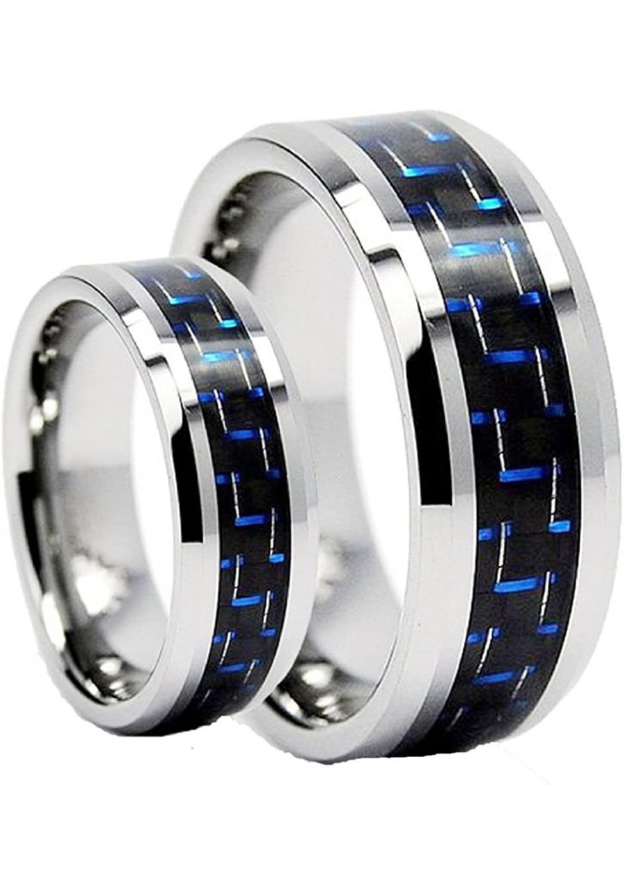 His & Hers Tungsten Carbide Engagement Wedding Band Ring Set Blue Carbon Fiber Inlay $28.74 Bridal Sets